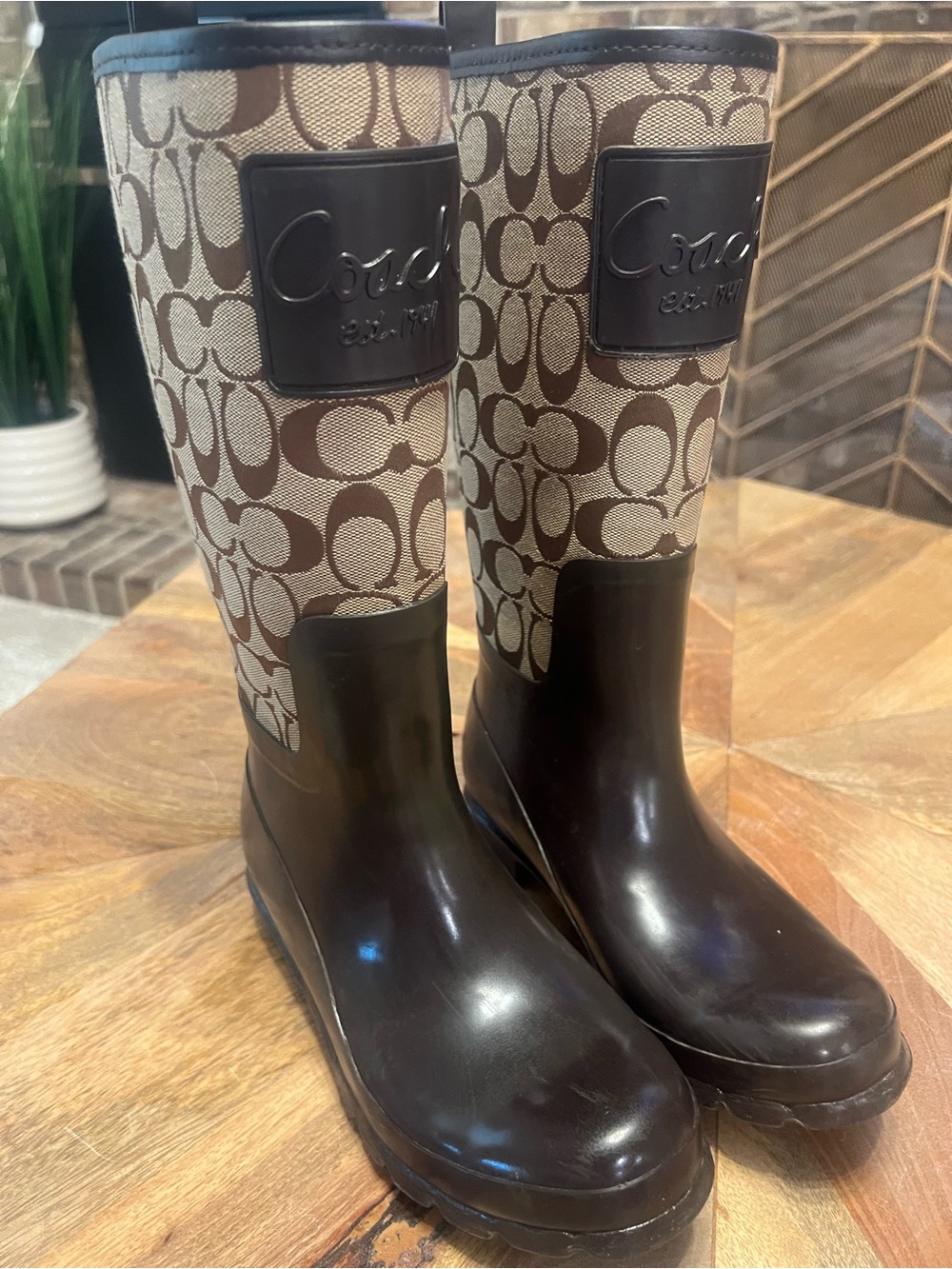 Coach Brown Rubber rain boots featuring monogram jacquard canvas. Size 6